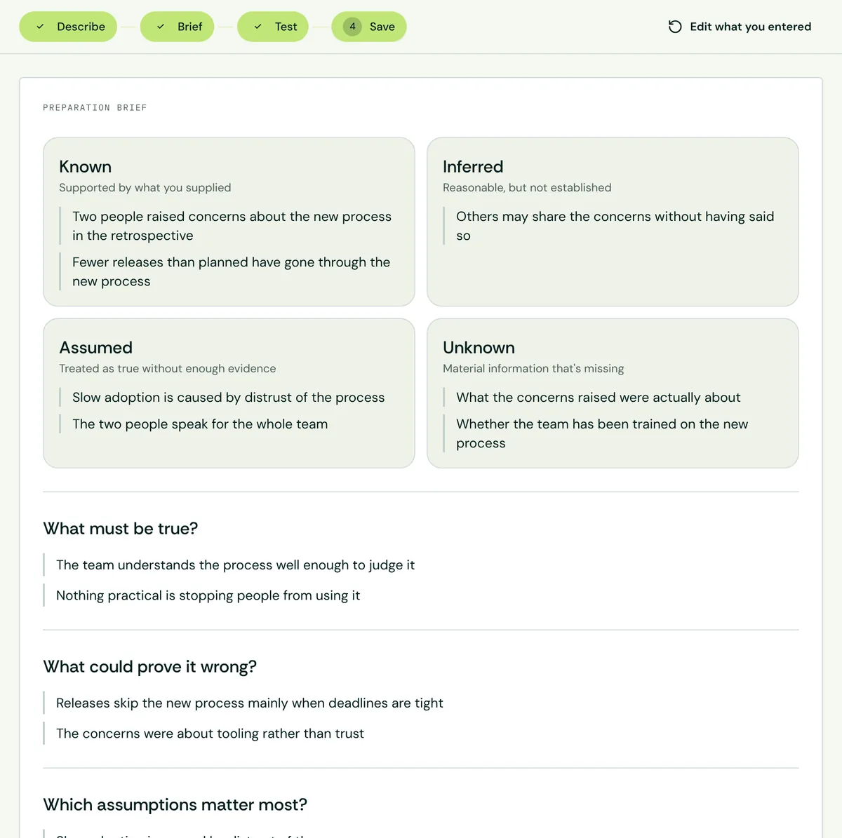 A Assumption Check preparation brief in Pygar, using an example situation