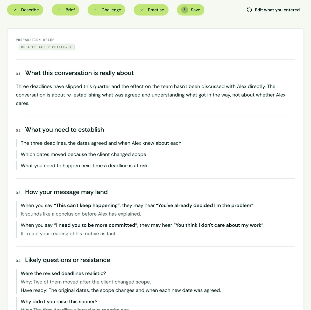 A Difficult Conversation preparation brief in Pygar, using an example situation