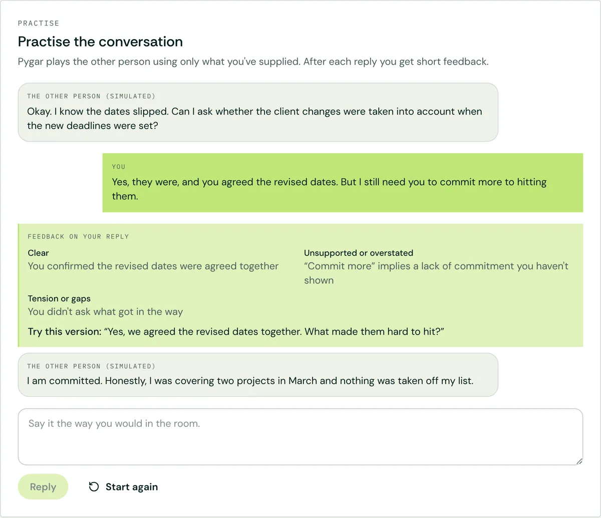 Practise with feedback in Pygar, using an example situation