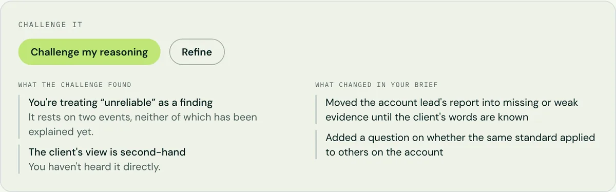 Challenge my reasoning in Pygar, using an example situation