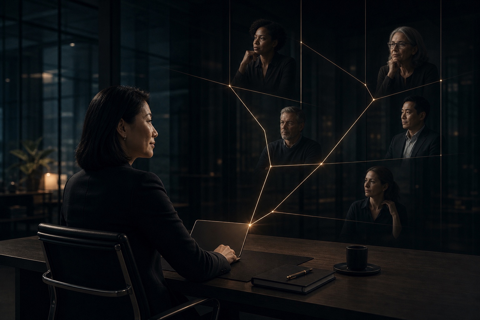 A woman decision-maker's question branching to five gender-balanced independent perspectives