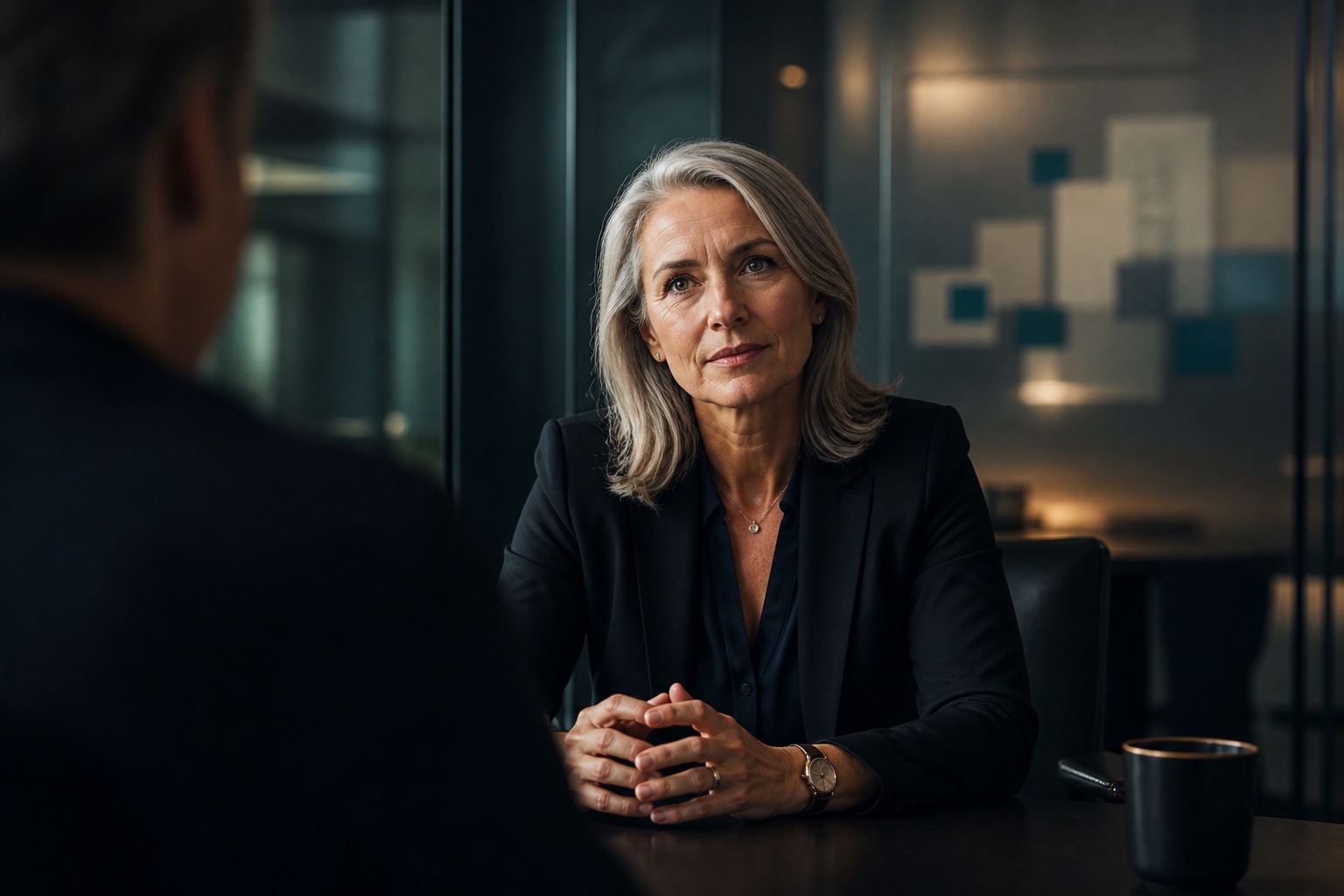An experienced woman leader listening during a private decision conversation