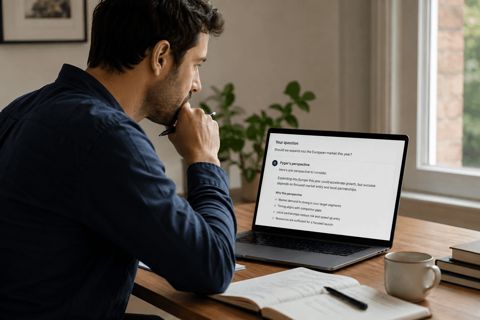 A man reviewing a Pygar perspective on his laptop while taking notes