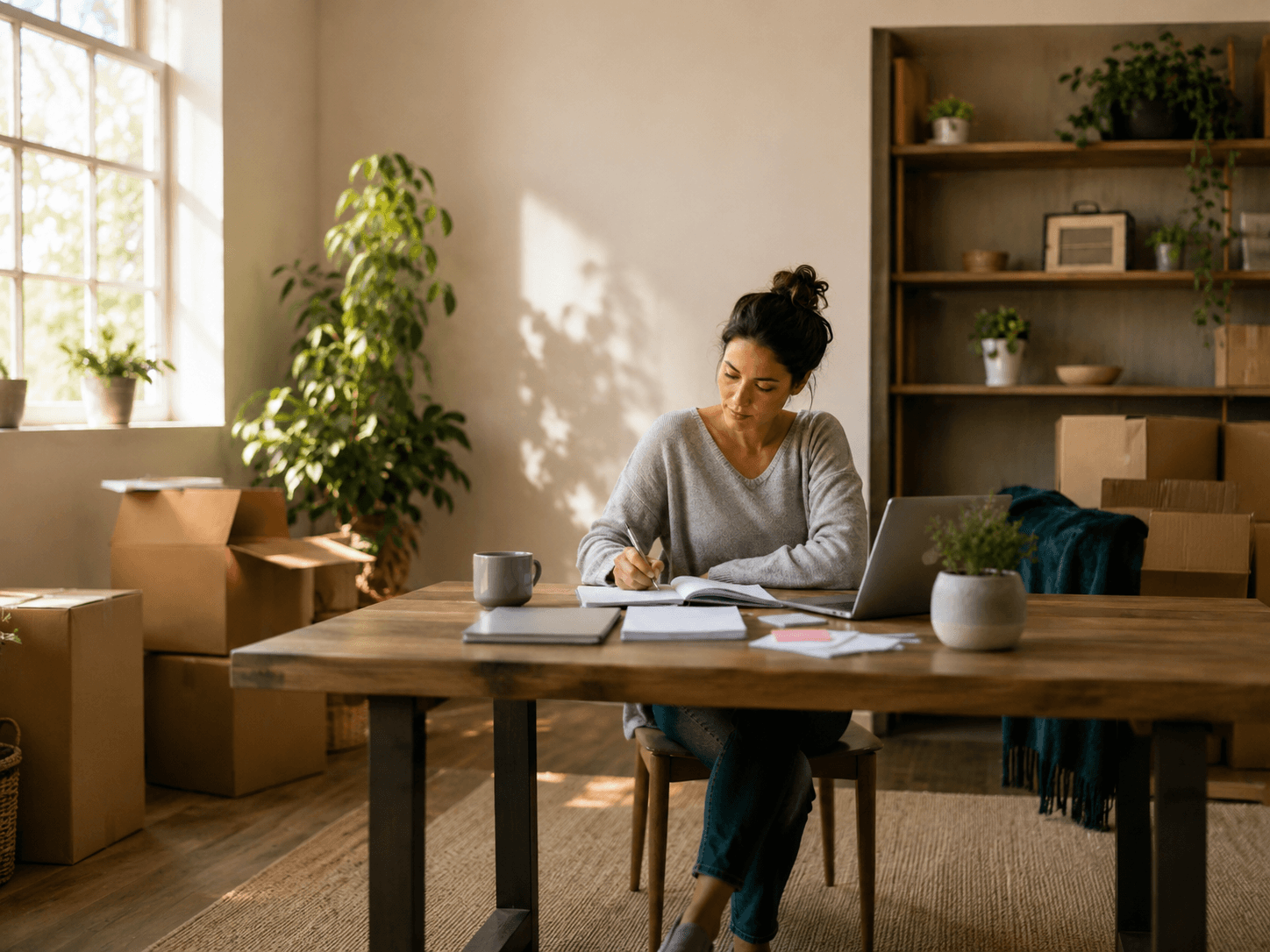 Woman planning a personal change at home