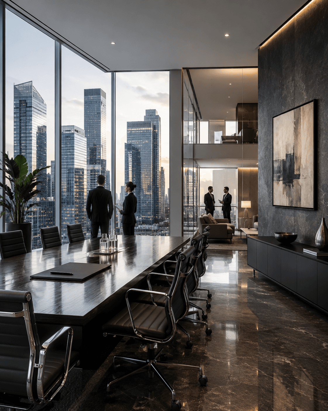 Executive boardroom with role-separated work areas overlooking a city skyline